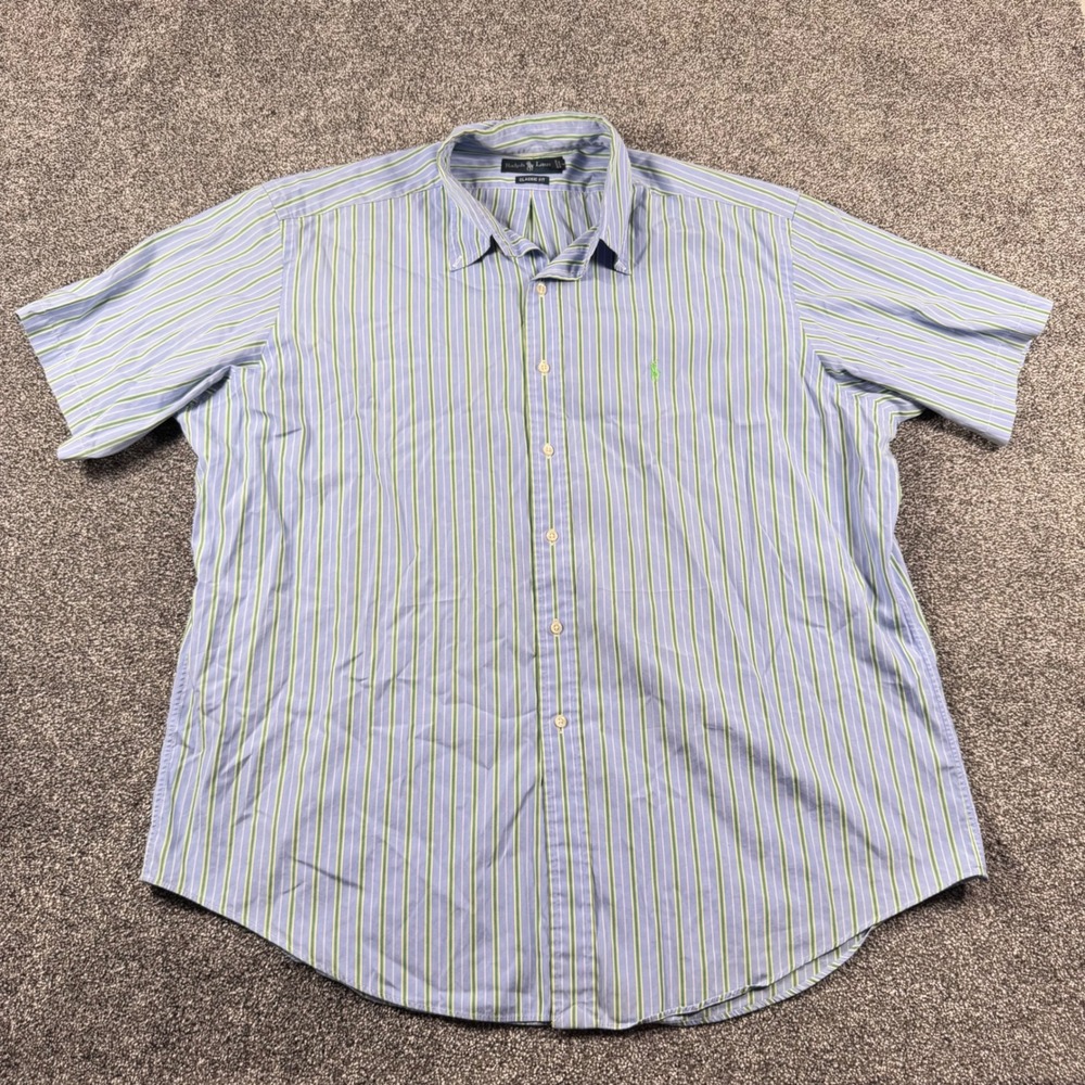 Polo Ralph Lauren Button Down Shirt XXL Blue Green Striped Short Sleeve Classic - Picture 3 of 6